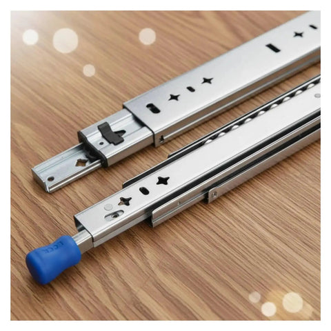 High Octane Heavy Duty Side Mount Ball Bearing Drawer Slides With Triple Extension Full Reach Cold Rolled Steel Cabinet Rails shown on wood.