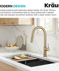 Spot Resistant Brushed Brass Pull Down Kitchen Faucet Featuring A Sleek High Arc Spout Slick Twisted Handle And Smooth Operation in a modern kitchen.