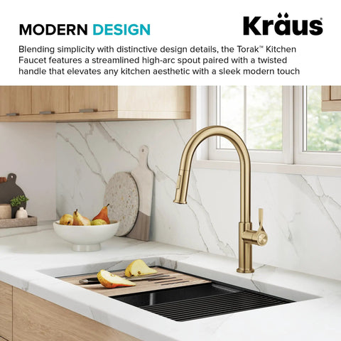 Spot Resistant Brushed Brass Pull Down Kitchen Faucet Featuring A Sleek High Arc Spout Slick Twisted Handle And Smooth Operation in a modern kitchen.