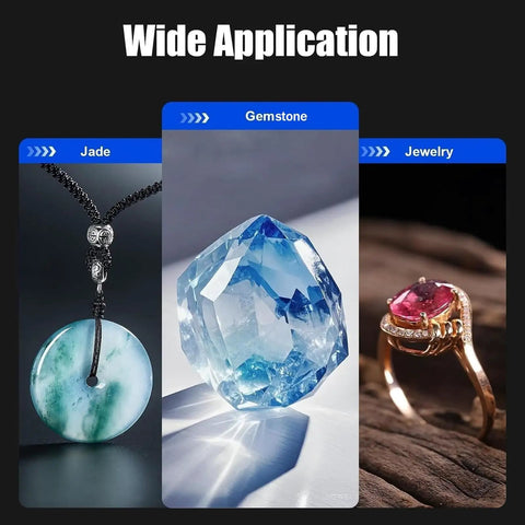 Pro Digital Angle Display Gemstone Faceting Machine Manipulator With 96 Position Index Wheel For Precision Stone Cutting And Polishing Lapidary Tool Setup For Pros And Hobbyists A Plus displayed with jade pendant, blue gemstone, and jewelry ring.