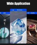 Precision Angle Digital Display Gemstone Grinding Machine For Faceting With Live Readout And 96 Gear Index Wh displaying jade, a quartz gemstone, and a ring.