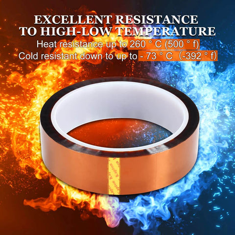 High Temperature Polyimide Film Adhesive Tape 1 Inch By 36 Yards, heat resistant tape shown with fire and ice background.