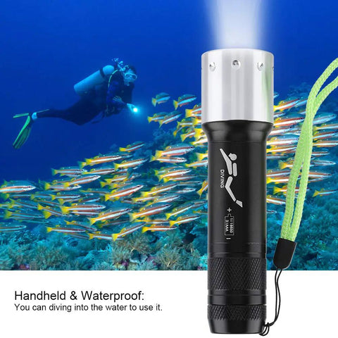Beefy Underwater Dive Light Torch With 100m Waterproof Rating Aluminum Alloy Body 6000 Lumen T6 LED next to scuba diver underwater.