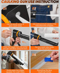 Instructions showing the use of the Dripless Caulking Gun Kit With An 11 In 1 Tool Set Pro Grade Manual Sealant Gun And Silicone Finishing Tools.