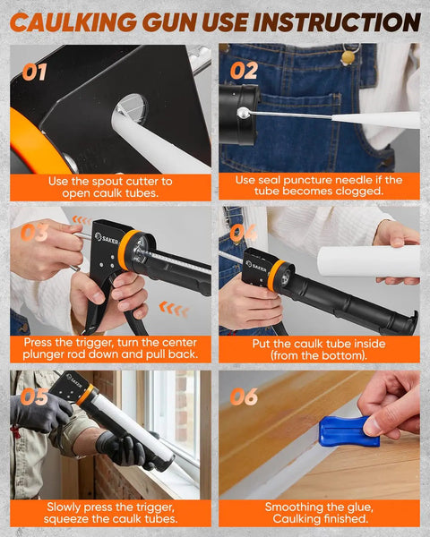 Instructions showing the use of the Dripless Caulking Gun Kit With An 11 In 1 Tool Set Pro Grade Manual Sealant Gun And Silicone Finishing Tools.
