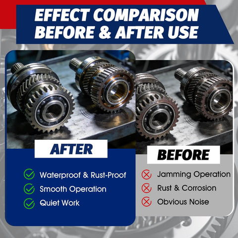 Comparison of gear before and after using Copper Anti Seize Lubricant Grease For High Temperature Parts That Stops Noise And Seizing Keeps It Quiet, Protects Bolts Brake Pins And Spark Plugs From Rust And Corrosion Waterproof And Heat Resistant Compound For Auto Marine And Equipment.