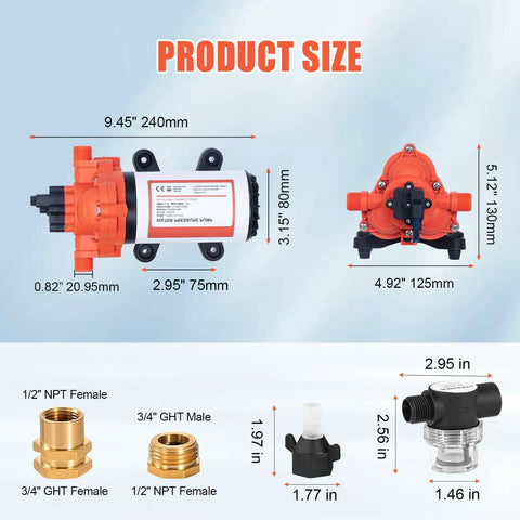 110V Electric Water Pressure Pump 4.0 GPM 50PSI Self Priming Diaphragm Booster dimensions and fittings overview.