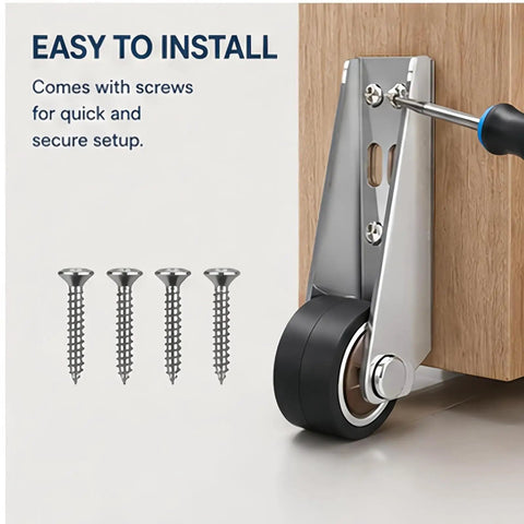 Heavy Duty Vertical Track Roller Wheels For Sliding Barn Doors And Home Cabinets Anti Wobble Bottom Guide Casters attached with screws for easy installation.