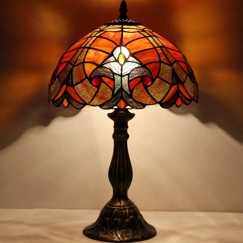 Tiffany Style Red Liaison stained glass table lamp with antique green bronze base, 12 inch shade, UL listed.