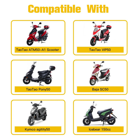 Image showing compatibility chart of GY6 Vacuum Fuel Pump Petcock 3 Port Replacement for various scooters like TaoTao and Baja SC50.