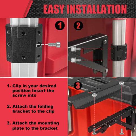 Installation guide for Fold-Out Packout Mount For Packout Toolbox Side Storage, showing steps to attach bracket to rail.