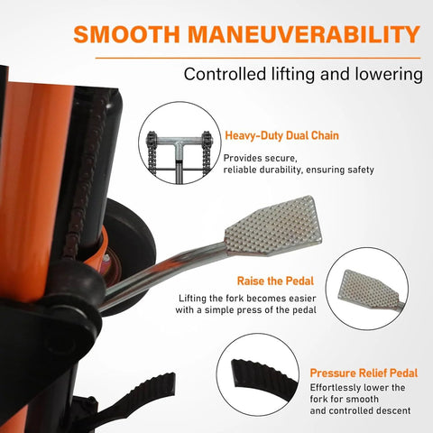 Close-up of Compact Hydraulic Stackers For Tight Aisles, 440 Lbs Capacity Manual Pallet Jack with focus on dual chain and pedals.
