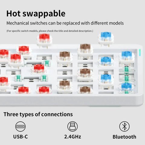 Ultra Slim Wireless Mechanical Keyboard With 100 Keys And Custom RGB Backlit Lighting Featuring Bluetooth Five Point One And Fast Wired Modes For Pcs Mac Laptops In Sleek Grey With Smooth Gateron Aloe Switches That Hit Different Daily hot swappable switches and connection options visible.
