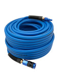 Heavy Duty 1/4 Inch By 100 Ft Air Compressor Hose Rated 300 Psi with universal coupler plug coiled for easy storage.