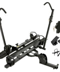 Hitch Mounted Ebike Rack For Two With 46 Inch Ramp Tilt Fold Design Anti Theft Locks And Wheel Locks 170 Lb Capacity Fits 2 Inch Receiver Supports Fat Tires Up To 5 Inches, black steel