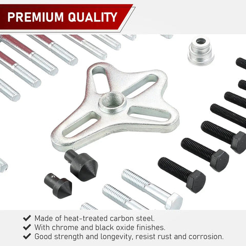 Heavy Duty Harmonic Balancer Puller Set 46 Piece Kit including various bolts and metal component with premium quality label