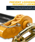 Beefy Heavy Duty Folding Handle Load Binder Set Five Sixteenths To Three Eighths Inch Ratchet Chain Binders With Grab Hooks G70T80 7100 Lbs WLL Four Pack showing a securely locked mechanism.
