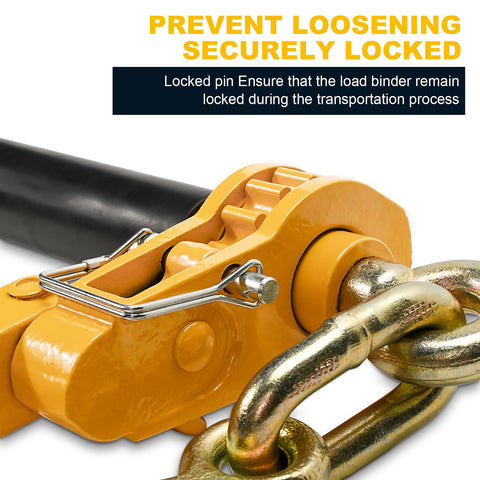 Beefy Heavy Duty Folding Handle Load Binder Set Five Sixteenths To Three Eighths Inch Ratchet Chain Binders With Grab Hooks G70T80 7100 Lbs WLL Four Pack showing a securely locked mechanism.