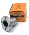 Lmf20uu Linear Bearing Round Flange Bushing 20mm Id 32mm Od 42mm Long Works With Cnc Router And 3d Printer Projects next to packaging box.