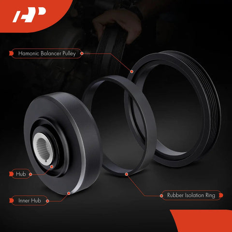 Exploded view of Engine Harmonic Balancer Crankshaft Pulley for Hyundai Genesis Coupe 2010-2014, black finish with labeled parts.