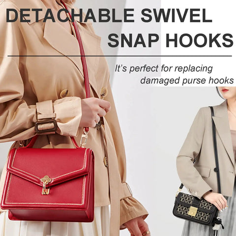 Two women with handbags using Six Pack Three Quarters Inch Detachable Snap Hooks With Swivel Clasps for quick strap swaps.