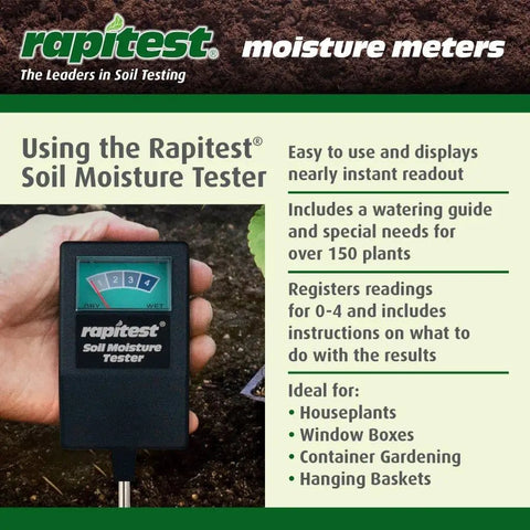 Hand holding Rapitest soil moisture tester with easy-to-read indicator for containers, lawns, gardens; no batteries needed.