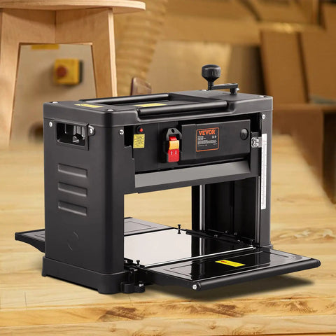 Heavy Duty Benchtop Wood Planer With A 13 Inch Worktable And 15 Amp Motor For Cutting Through Hardwood And Softwood Stock, front view.