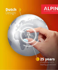 Hand holding PartyPlug Ear Plugs For Concerts And Clubbing With 21dB Noise Reduction over globe, Alpine logo visible