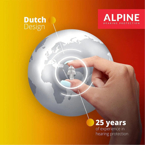 Hand holding PartyPlug Ear Plugs For Concerts And Clubbing With 21dB Noise Reduction over globe, Alpine logo visible