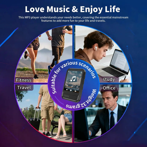 Bluetooth 5.4 Portable Mini Music Player With Built In Speaker And Micro SD Slot Supports FM Radio Video And Voice Recorder Earphones Included Expandable Up To 512GB A Fun Gift For Kids And Sports On The Go shown in various activities, including fitness and office use.
