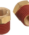 One Eighth Inch Female BSP To One Quarter Inch Male NPT Adapter Brass Two Piece Fitting For Air Lock Differential Plumbing Quick Install Durable Pneumatic System Connector with red threads