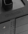Close-up of Heavy Duty Aluminum 5 Bay USB4 40Gbps External Drive Enclosure With Silicone Grip Sleeve, showcasing bay locks.