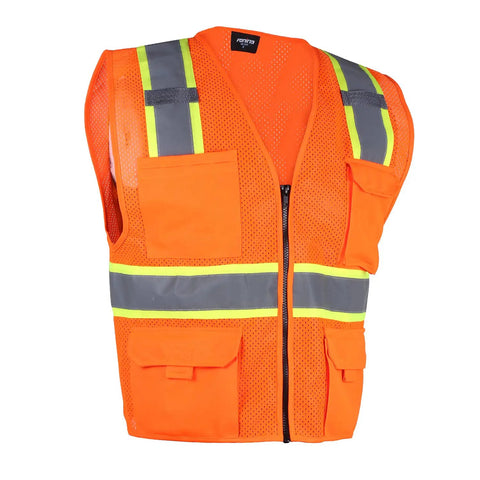 Hi Vis Mesh Safety Vest For Work With ANSI Class 2 Reflective Strips And Zipper, 8 Pockets, Breathable Quick Dry Polyester, Orange For Men