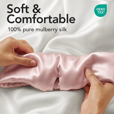 Hands holding pink 100 Percent Mulberry Silk Sleep Mask For Women Adjustable Comfort Side Sleeper Friendly Full Blackout Eye Cover