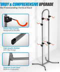 Grab-And-Go Four Bike Rack For Garage And Home, Freestanding Gravity Bicycle Stand with orange hooks and steel frame