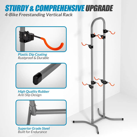 Grab-And-Go Four Bike Rack For Garage And Home, Freestanding Gravity Bicycle Stand with orange hooks and steel frame