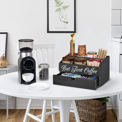 Solid Wood Coffee Station Organizer With Drawer For K Cup Pods And Tea Bags Countertop Bar Accessories on a white table
