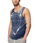 Men's Fly Slim Fit All Over Print Compression Tank Top Featuring Cold Tone Mechanical Square Tech Design And Breathable Moisture Wicking Fabric For Gym Grinds on model with graphic design.