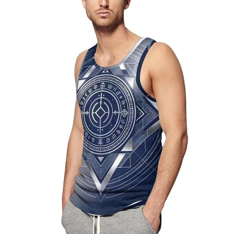 Men's Fly Slim Fit All Over Print Compression Tank Top Featuring Cold Tone Mechanical Square Tech Design And Breathable Moisture Wicking Fabric For Gym Grinds on model with graphic design.