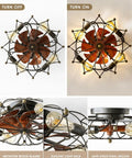 Caged Ceiling Fan With Light Remote Control 5 Bulbs 6 Speeds 20 Inch Black With Reversible Blades, top and side views.