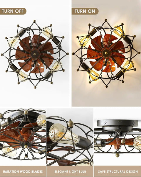 Caged Ceiling Fan With Light Remote Control 5 Bulbs 6 Speeds 20 Inch Black With Reversible Blades, top and side views.