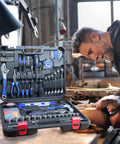 146 Piece Metric Home Tool Kit Set With Portable Toolbox for homeowners, DIYers, handymen, shown open in a workshop setting.