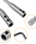 Close-up of Four Piece Quarter Inch Spade Drill Bit Extension Set With Hex Shanks and Hex Keys, showing steel material and hex details.