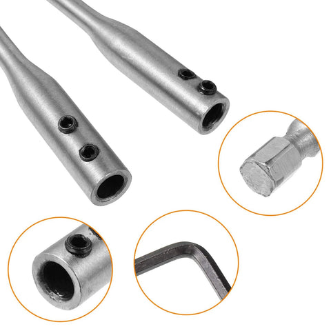 Close-up of Four Piece Quarter Inch Spade Drill Bit Extension Set With Hex Shanks and Hex Keys, showing steel material and hex details.