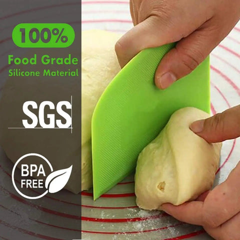 Person using green 3-Piece Flexible Dough Scraper Bench Set, 4.7x3.7 Inch Bowl Scraper With Sharp Edge And Angles, Non-Slip Bakeware Tool