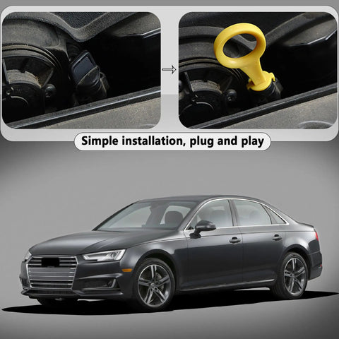 Audi A4 A5 Quattro 2.0T Oil Dipstick Replacement OEM 06H115611E installation with car and dipstick details.