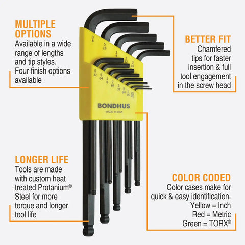 Ball End L-Wrench Set Of 13 Balldriver Tools With Sizes From.050 To Three Eighths Inch displayed with yellow holder