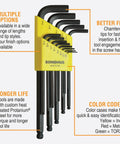 Ball End Balldriver L Wrench Dual Pack Set With 1.5-10mm And 0.050 To Three Eighths Inch Sizes Angled Reach in yellow holder