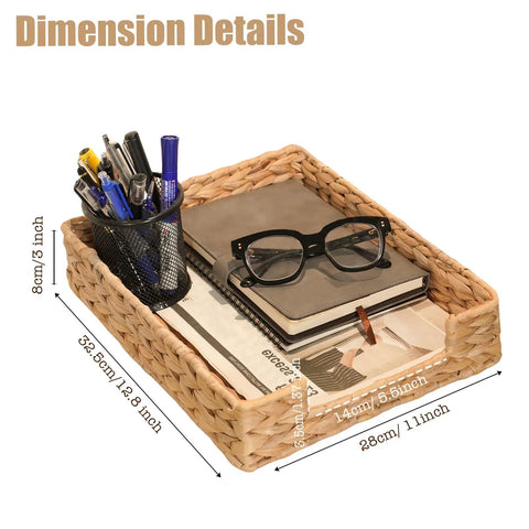 Water Hyacinth Letter Tray For A4 Files Desk Mail Paper Storage Basket Woven Organizer with glasses and notebook
