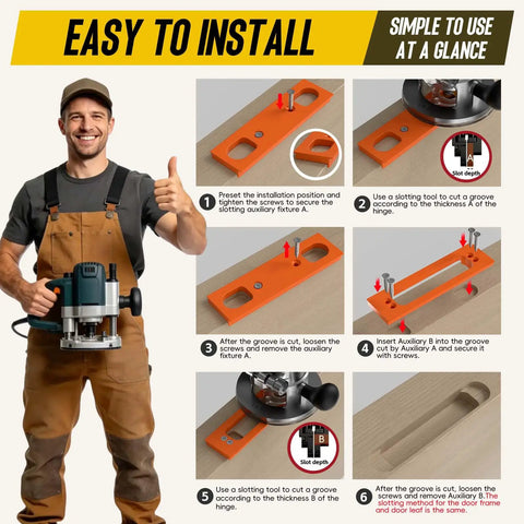 Hidden Door Hinge Jig 6 Inch Concealed Hinge Slotting Template for Precise Hinge Drilling and Accurate Door Installations Pro Grade ABS Durable Template for Craftsmanship and Efficient Assembly. man using router with jig